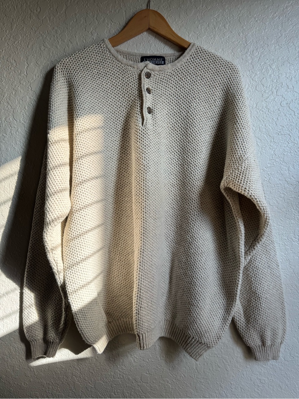 L'Homme Beige Crewneck Henley Sweater - Men's